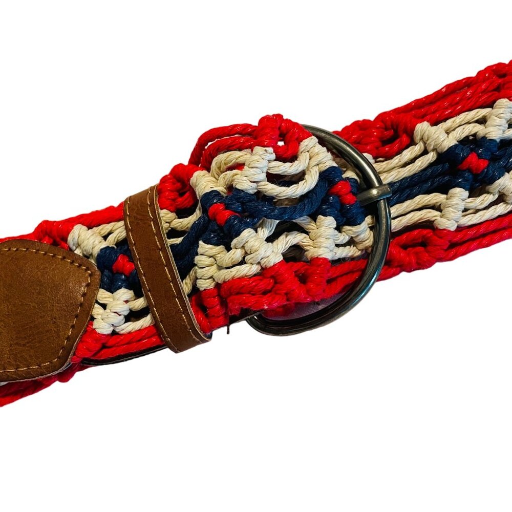 Vintage Woven Belt W/ Faux Leather Accents & D-Ring Buckle - Red White Blue - Si - Picture 3 of 12